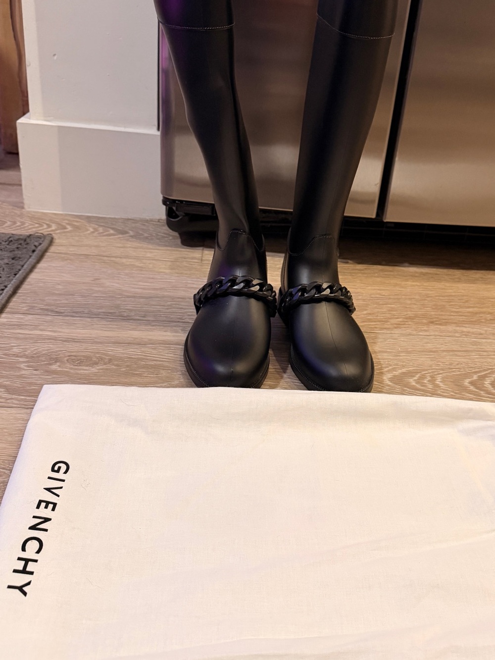 Givenchy Matte Black Tall Rain Boots with Chain Detail